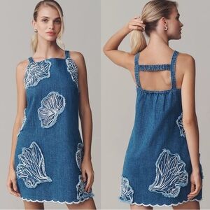 Anthropologie Sleeveless Embroidered Square Neck Denim Mini Dress Size Large NEW